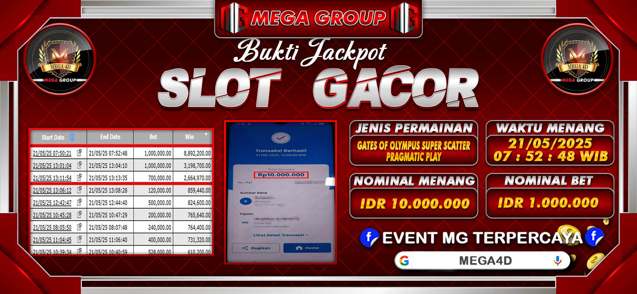 Bukti JP situs Mega4D hari Rabu, 21 Mei 2025